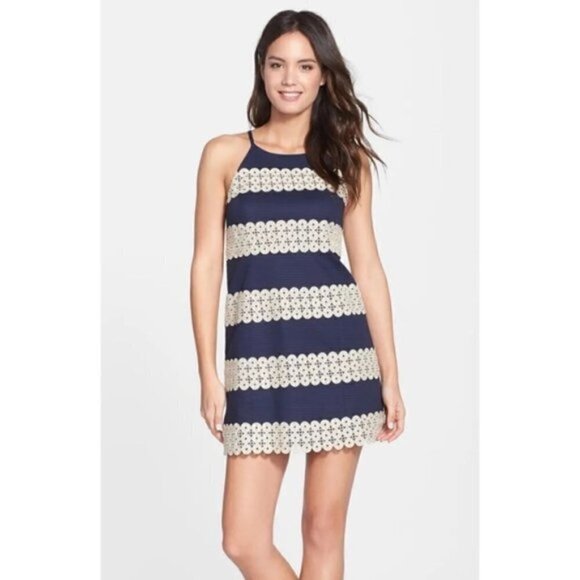 Lilly Pulitzer Preppy Annabelle Navy & Gold Embroidered High Neck Shift Dress 4 - Picture 1 of 7